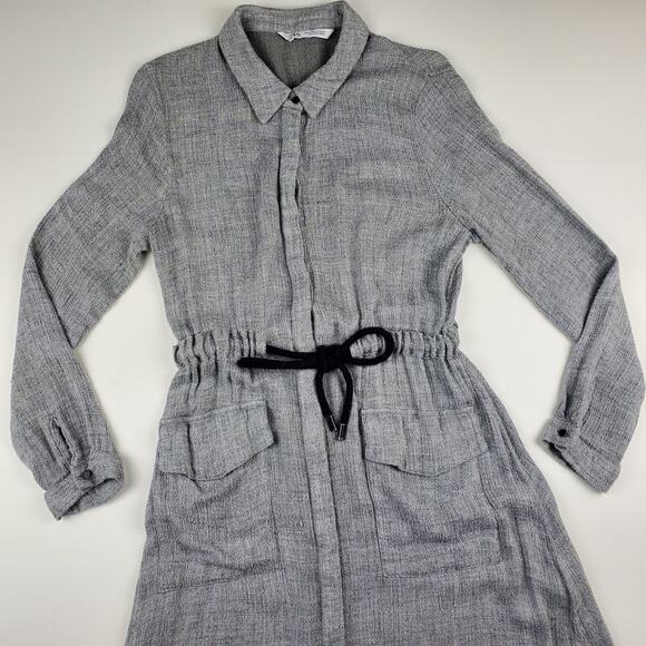 Zara Belted Shirt Dress Button Up Pocket Midi Gray Lightweight Boho Women Medium - Picture 3 of 11